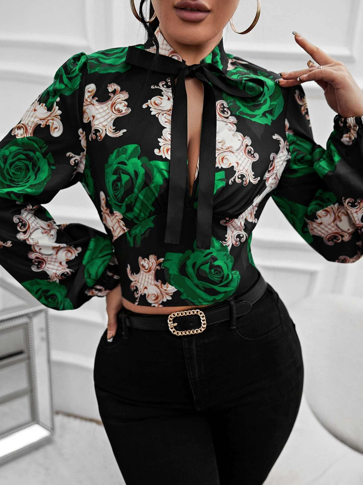 Women’s Floral Ribbon Tie Neck Long Sleeve Blouse