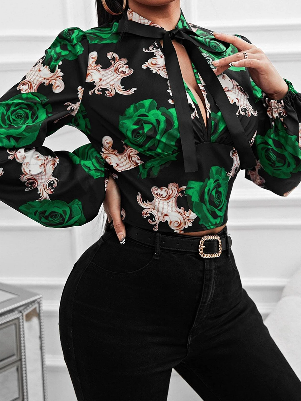 Women’s Floral Ribbon Tie Neck Long Sleeve Blouse