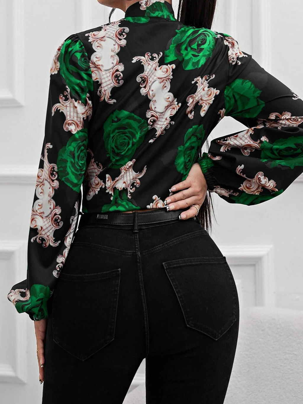 Women’s Floral Ribbon Tie Neck Long Sleeve Blouse