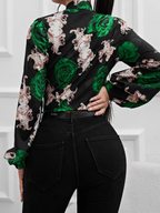 Women’s Floral Ribbon Tie Neck Long Sleeve Blouse
