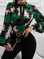 Women’s Floral Ribbon Tie Neck Long Sleeve Blouse
