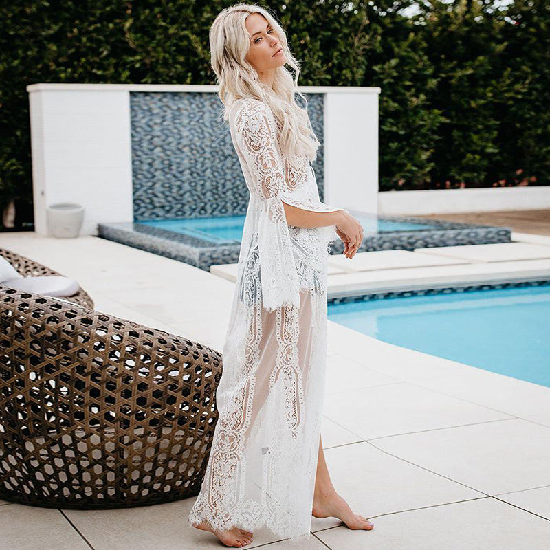 White lace long beach cover-up with open front and detailed scalloped trim