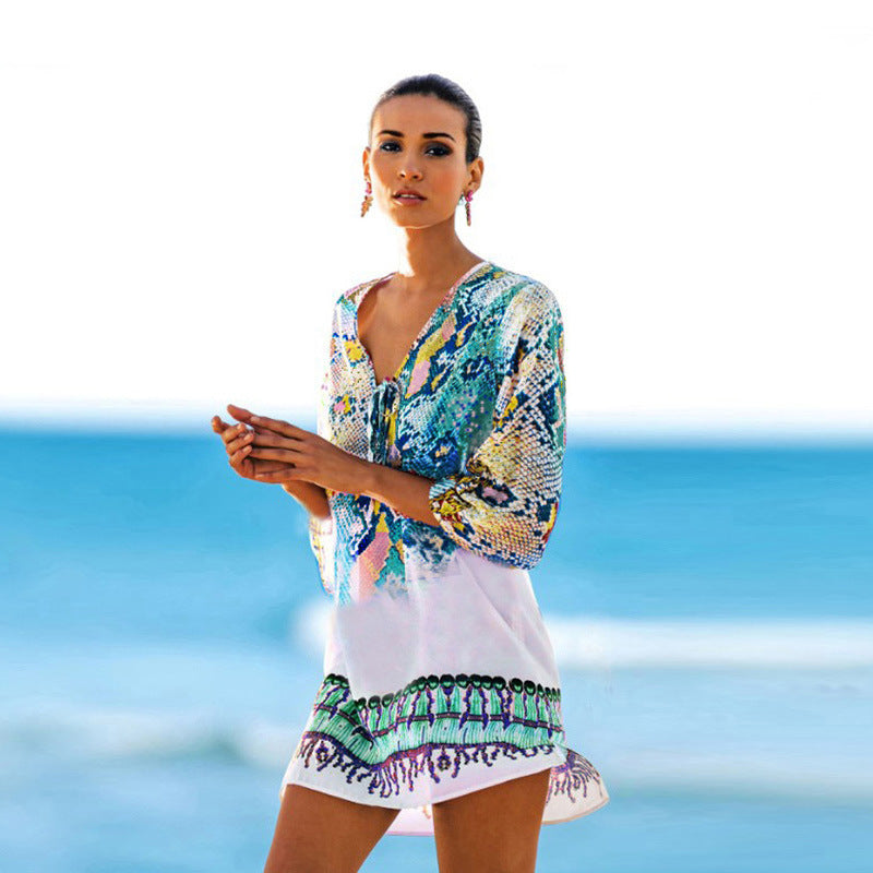 Blue green chiffon bikini swimwear tunic with multicolor print and beaded neckline