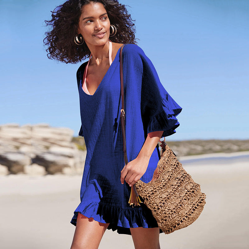 Sapphire blue slub cotton one-piece swimwear with V-neck, drawstring, and ruffled hem