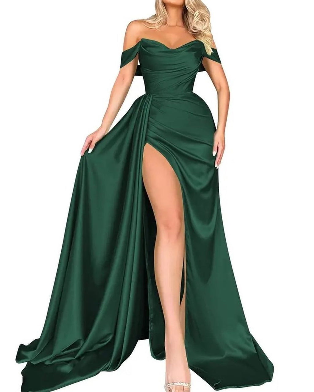 Off-Shoulder Ruched Split Satin A-Line Maxi Dress