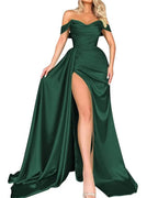Off-Shoulder Ruched Split Satin A-Line Maxi Dress