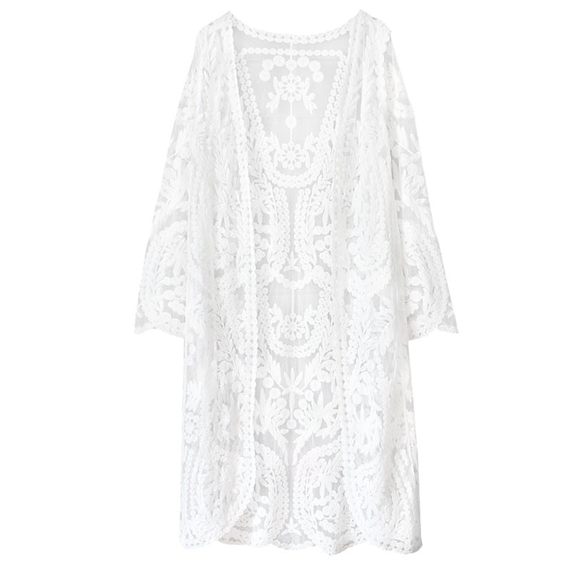 White mesh lace one-piece swimwear with long sleeves and flared embroidered skirt