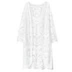 White mesh lace one-piece swimwear with long sleeves and flared embroidered skirt