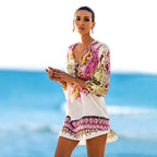 Reddish yellow chiffon bikini swimwear tunic with multicolor pattern and fringe hem