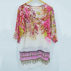 Reddish yellow chiffon bikini swimwear tunic back with fringe and beaded hem