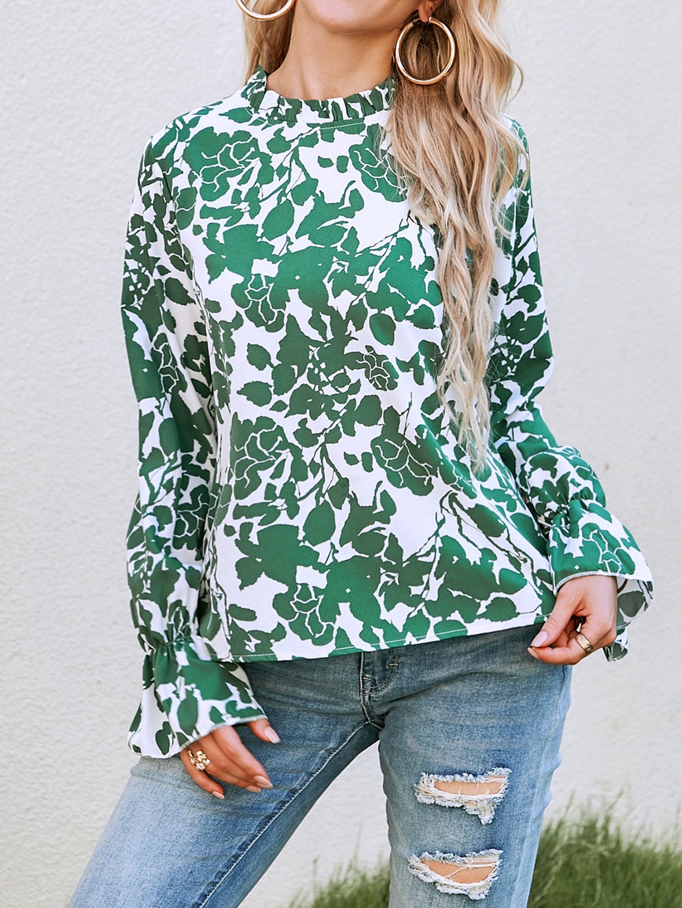 Women's Floral Ruffle Shirt – Long-Sleeve Casual Blouse