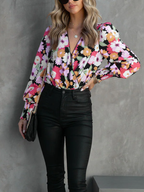 Women New Spring and Autumn Flower Printed Lace Patchwork Long Sleeve Top
