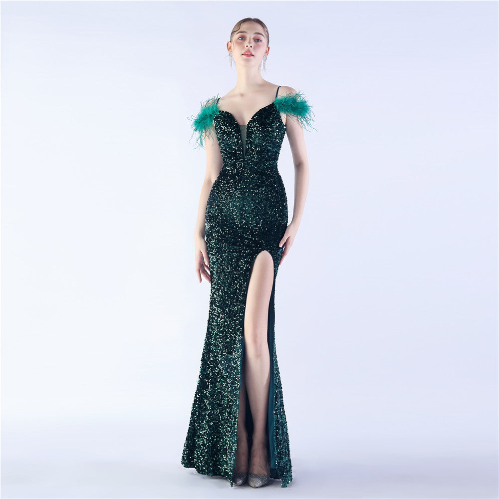 Women's Ostrich Feather Sequin Long Evening Dress