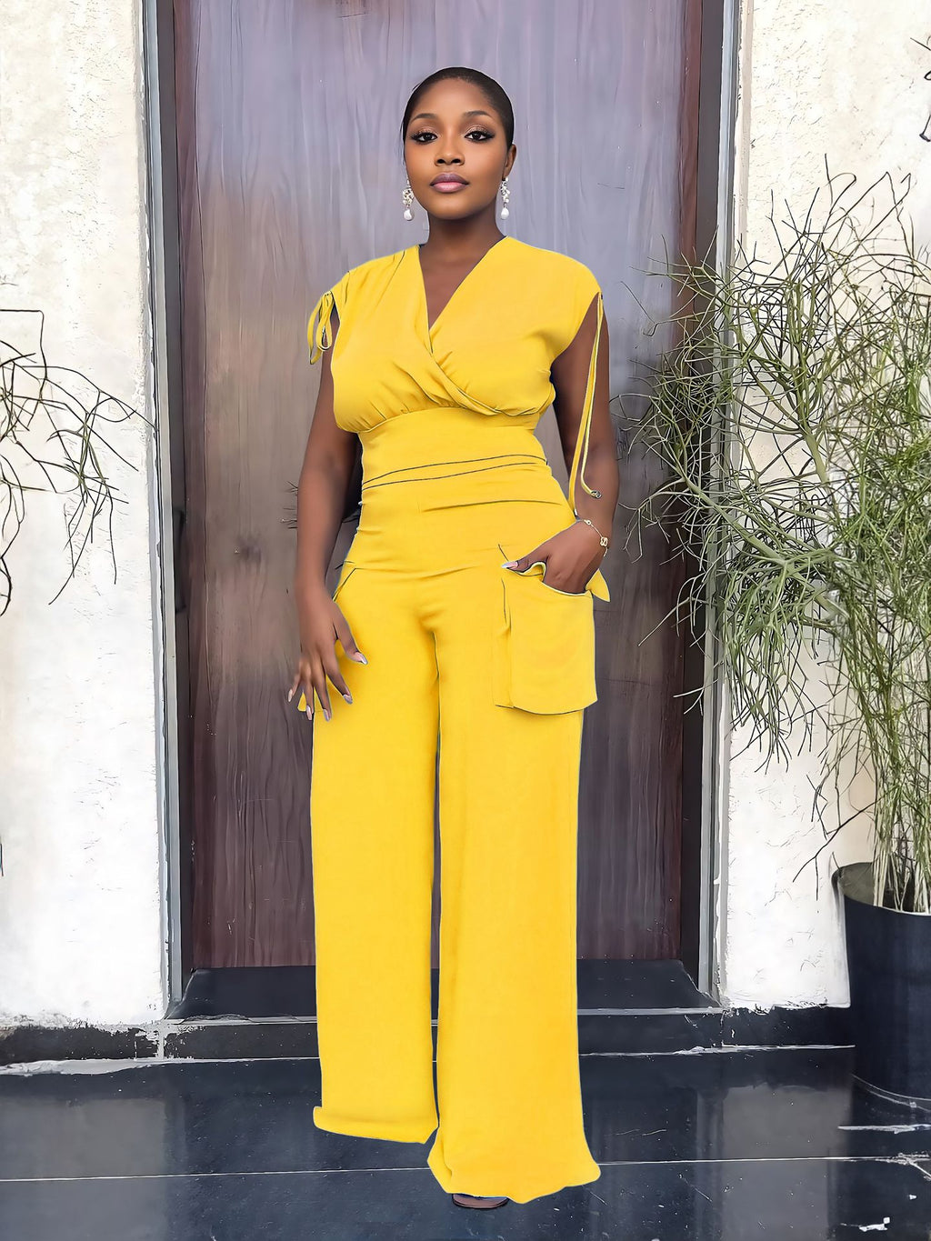 Drawstring Sleeveless Vest High-Waisted Baggy Straight Trousers Two-Piece Set
