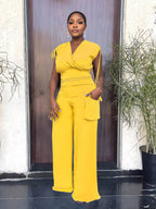Drawstring Sleeveless Vest High-Waisted Baggy Straight Trousers Two-Piece Set