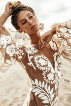 Women Clothing Deep V Plunge Mesh Embroidered Puff Sleeve Backless Dress