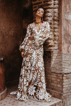 Women Clothing Deep V Plunge Mesh Embroidered Puff Sleeve Backless Dress