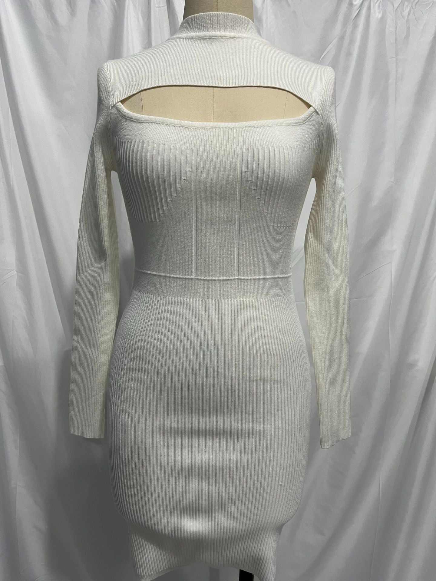 Crew-Neck Cutout Long-Sleeve Knit Bodycon Mini Dress