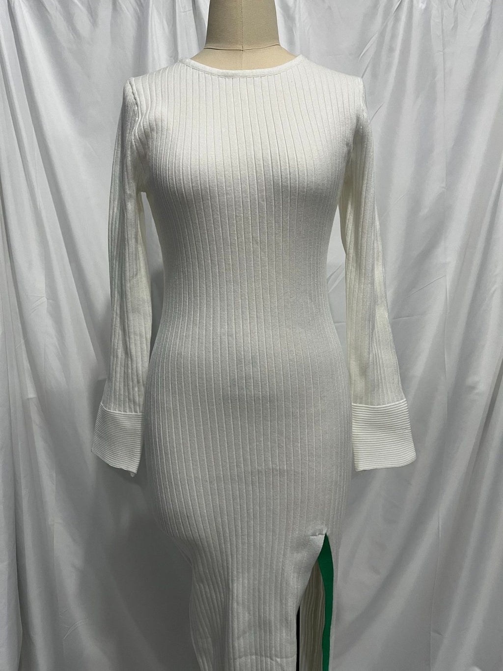 Color-Block Crew-Neck Long-Sleeve Split Knit Bodycon Midi Dress