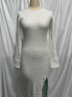 Color-Block Crew-Neck Long-Sleeve Split Knit Bodycon Midi Dress