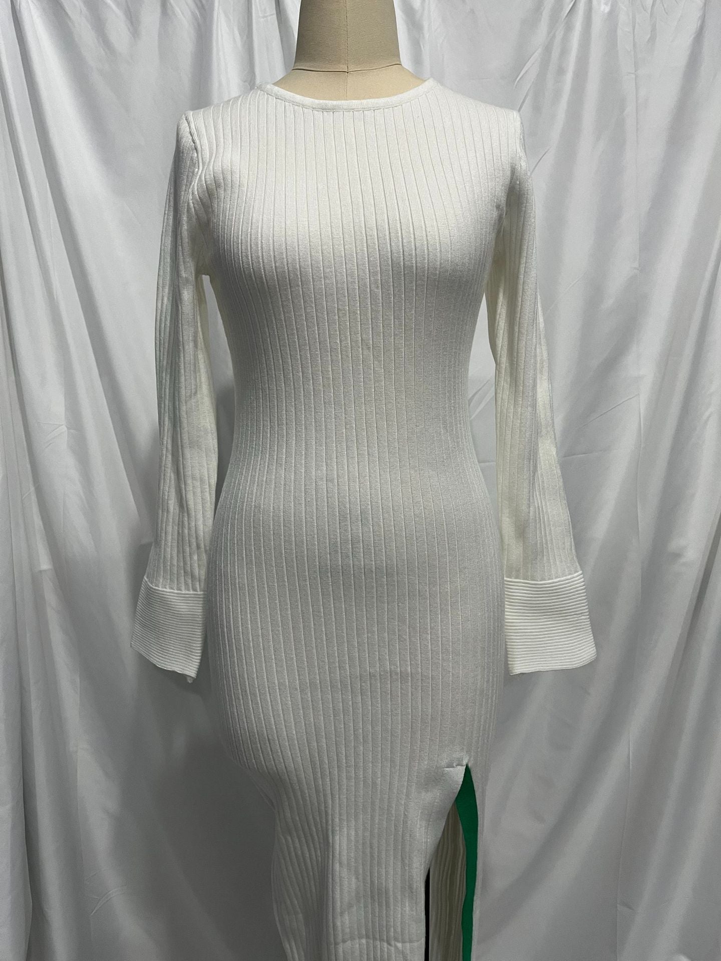 Color-Block Crew-Neck Long-Sleeve Split Knit Bodycon Midi Dress