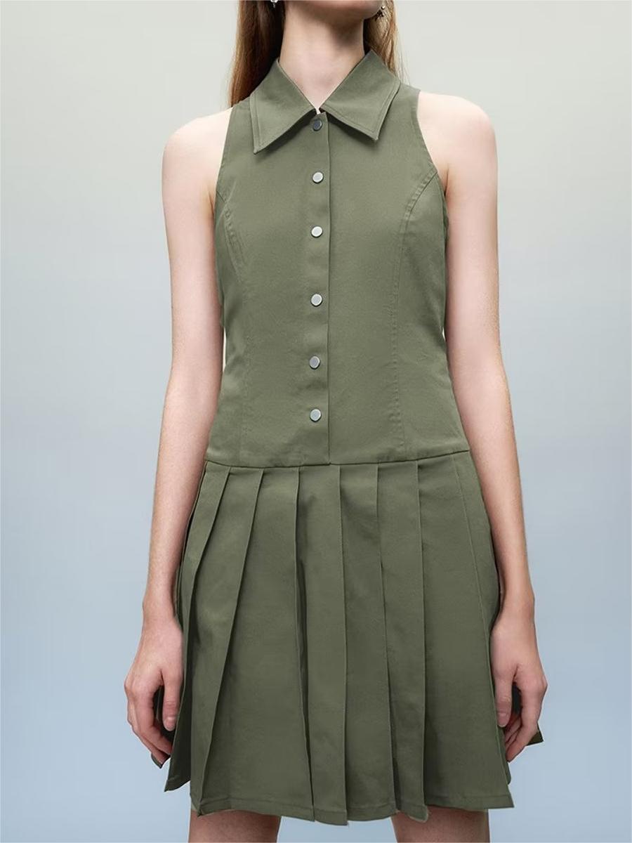 Sexy V neck Halter Backless Dress Women Summer Sexy Waist Trimming Sleeveless Pleated Dress