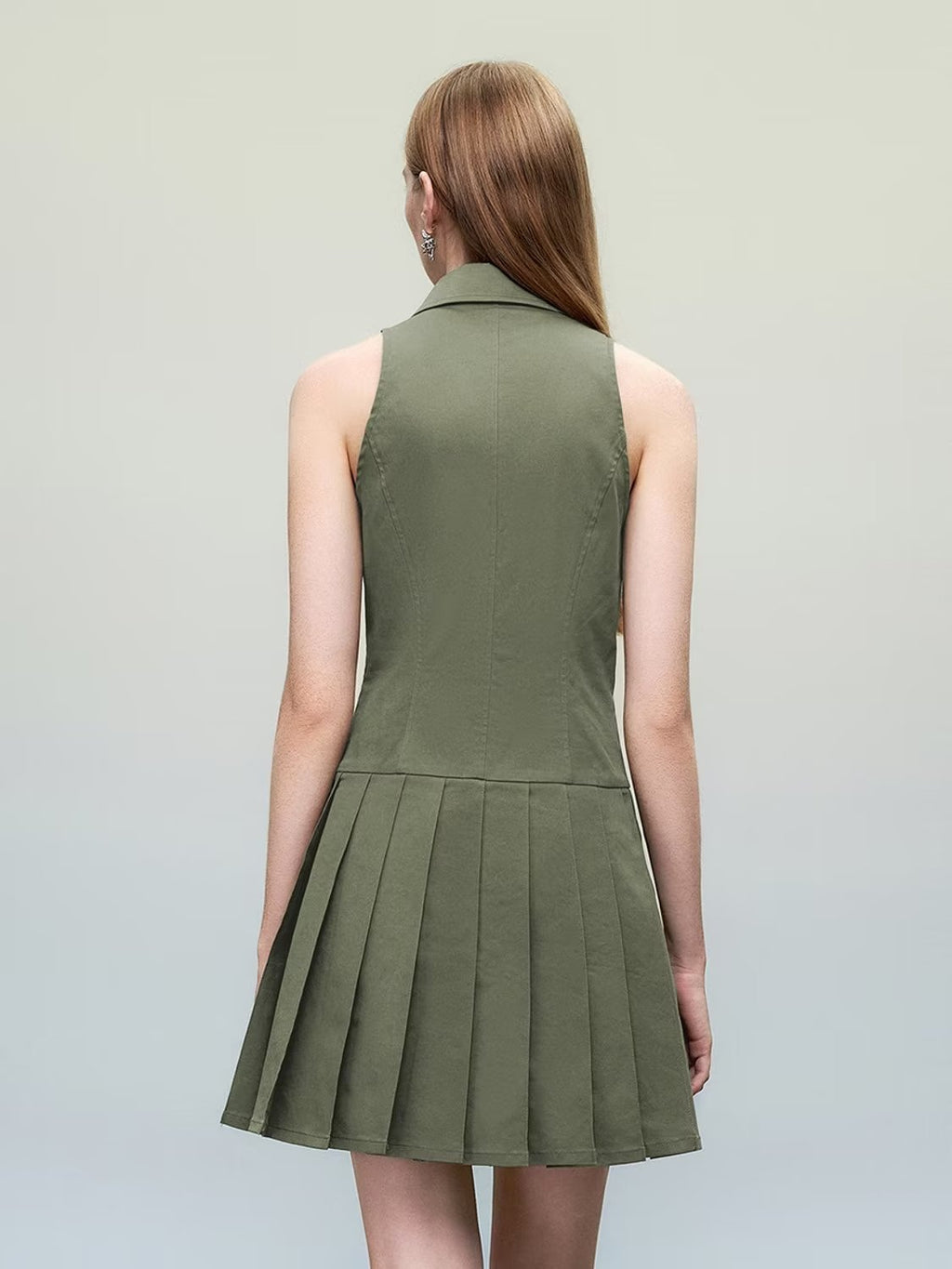 Sexy V neck Halter Backless Dress Women Summer Sexy Waist Trimming Sleeveless Pleated Dress