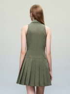 Sexy V neck Halter Backless Dress Women Summer Sexy Waist Trimming Sleeveless Pleated Dress
