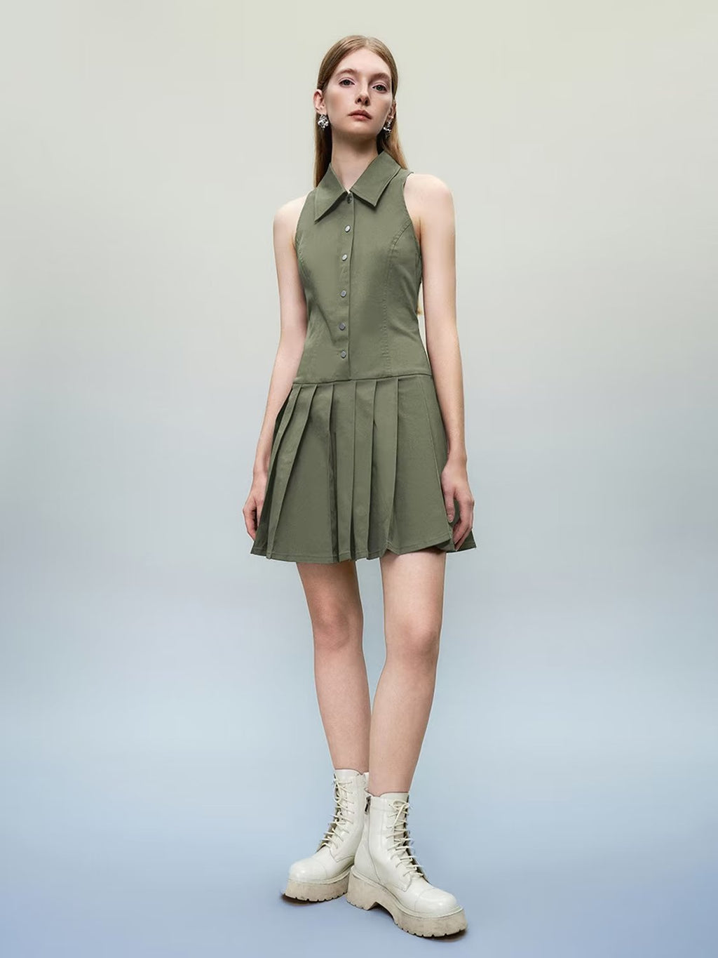 Sexy V neck Halter Backless Dress Women Summer Sexy Waist Trimming Sleeveless Pleated Dress