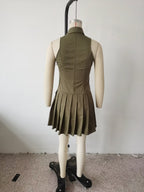 Sexy V neck Halter Backless Dress Women Summer Sexy Waist Trimming Sleeveless Pleated Dress