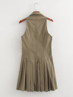 Sexy V neck Halter Backless Dress Women Summer Sexy Waist Trimming Sleeveless Pleated Dress