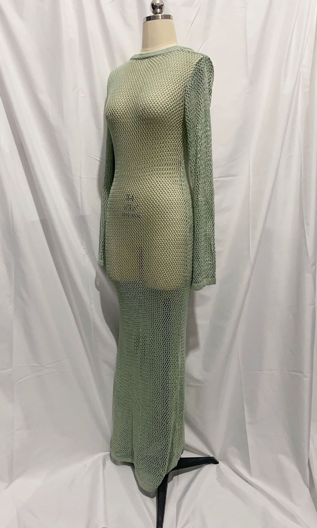 Green hollow-out knitted two-piece set with long-sleeve top and matching bottom