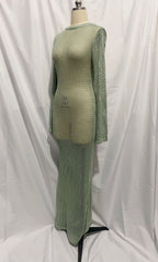 Green hollow-out knitted two-piece set with long-sleeve top and matching bottom