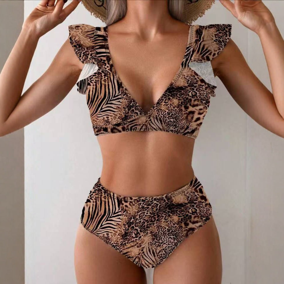 Women's Leopard Ruffle-Sleeve Bikini Set