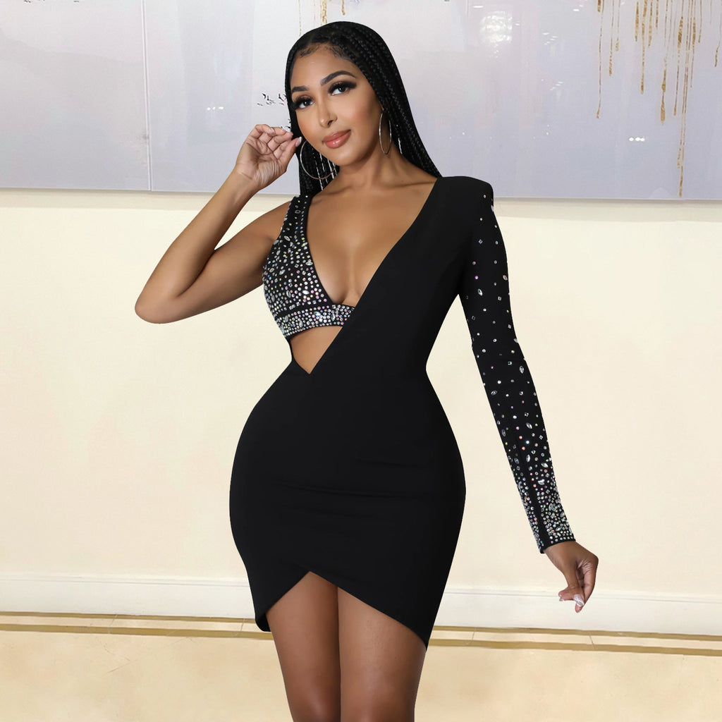 Women's V-Neck Rhinestone Cutout Asymmetric Long-Sleeve Bodycon Mini Dress