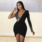 Women's V-Neck Rhinestone Cutout Asymmetric Long-Sleeve Bodycon Mini Dress
