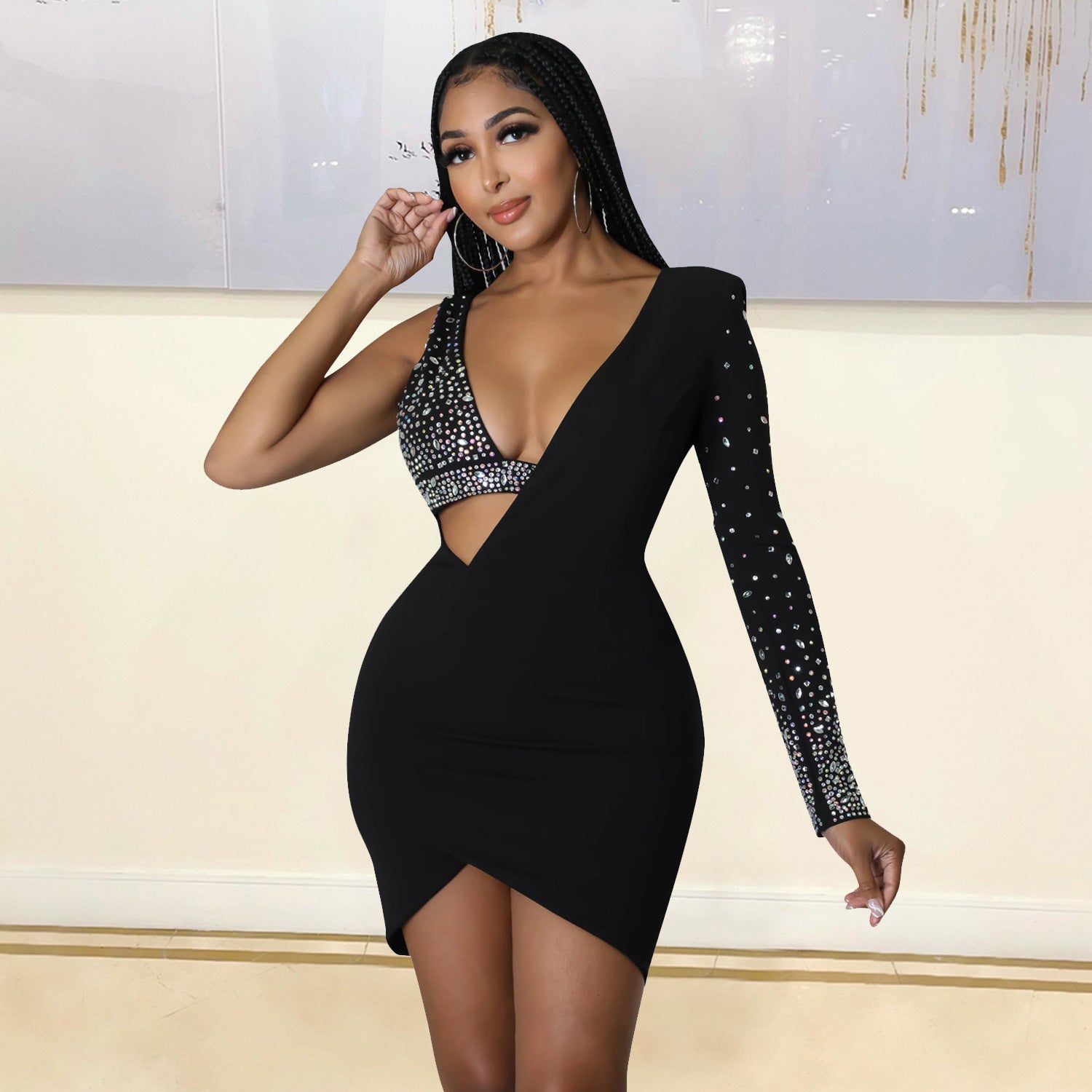 Women's V-Neck Rhinestone Cutout Asymmetric Long-Sleeve Bodycon Mini Dress