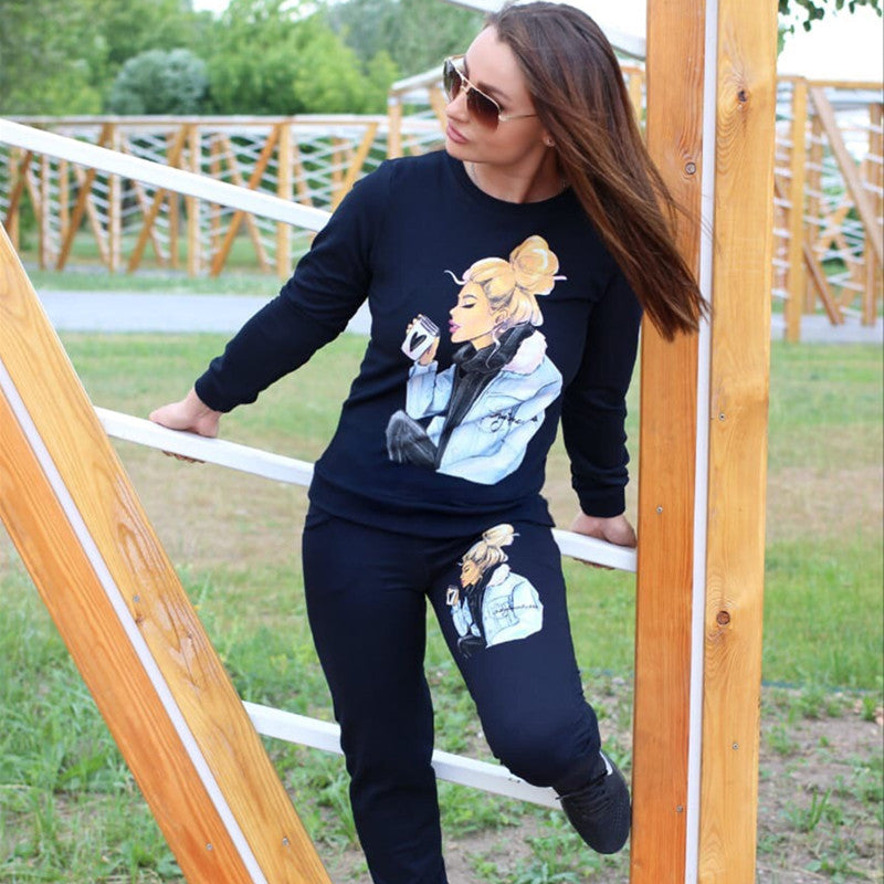 Autumn Winter Top Character Floral Print Long-Sleeve Pullover Set