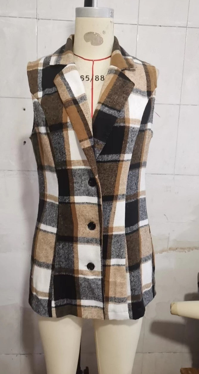 Polo Collar Plaid Vest Coat