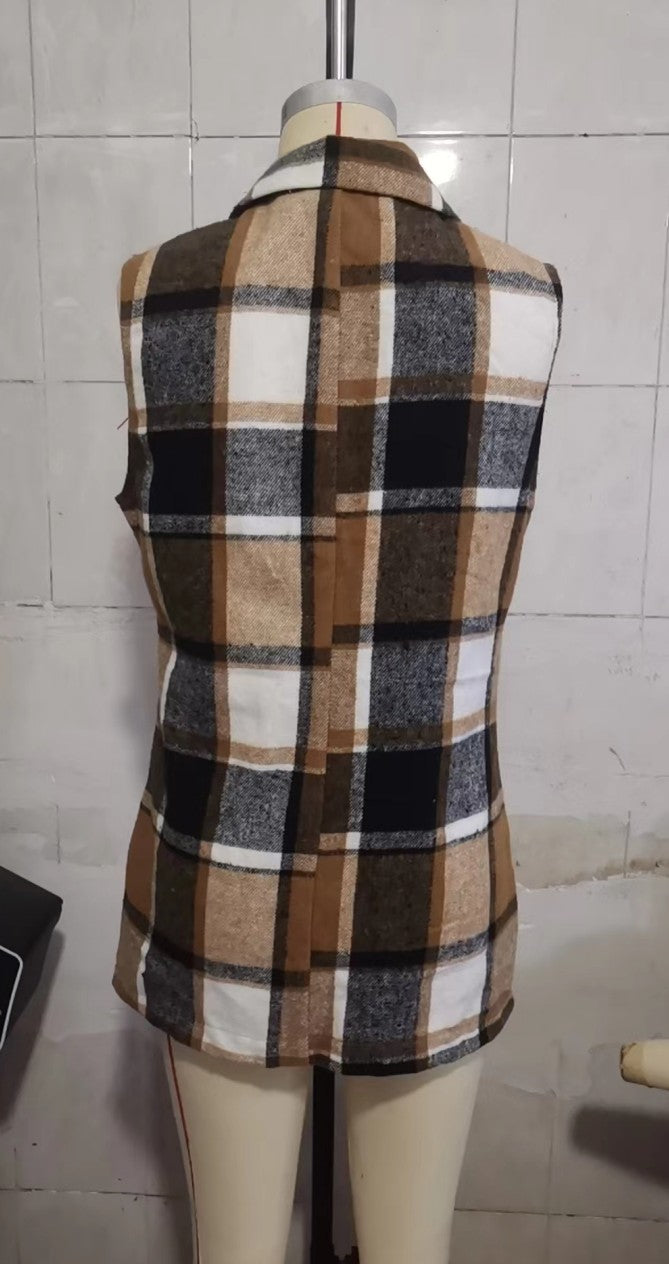 Polo Collar Plaid Vest Coat