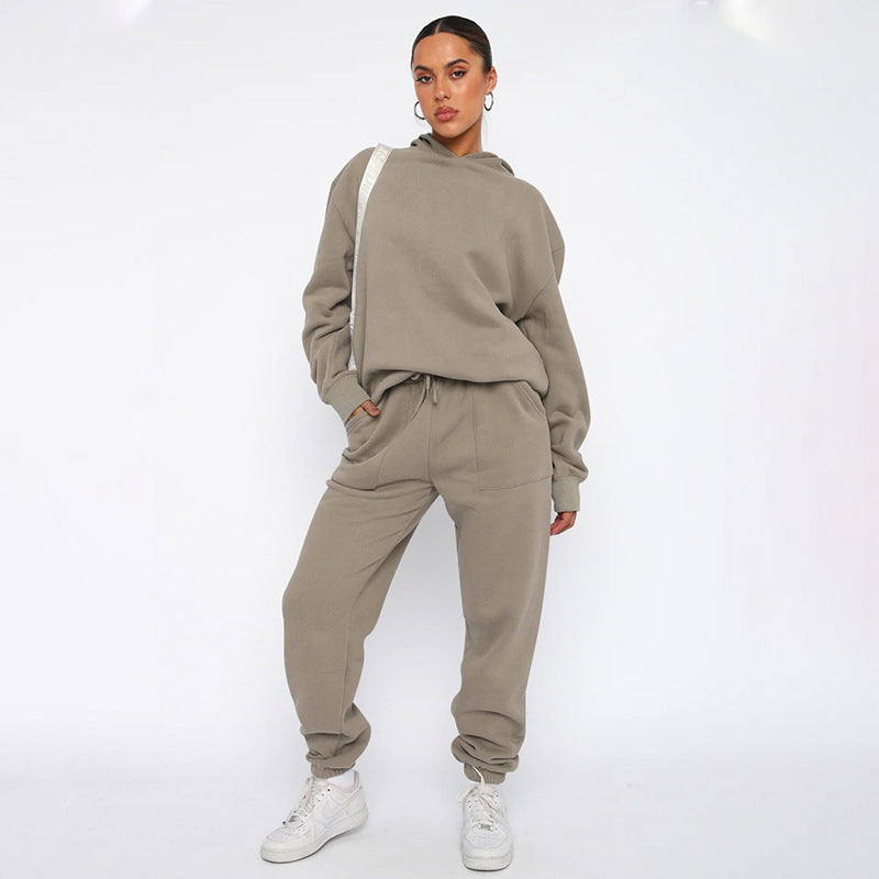 Autumn Winter Solid Color Hooded Long-Sleeve Sweater Casual Trousers Suit Set