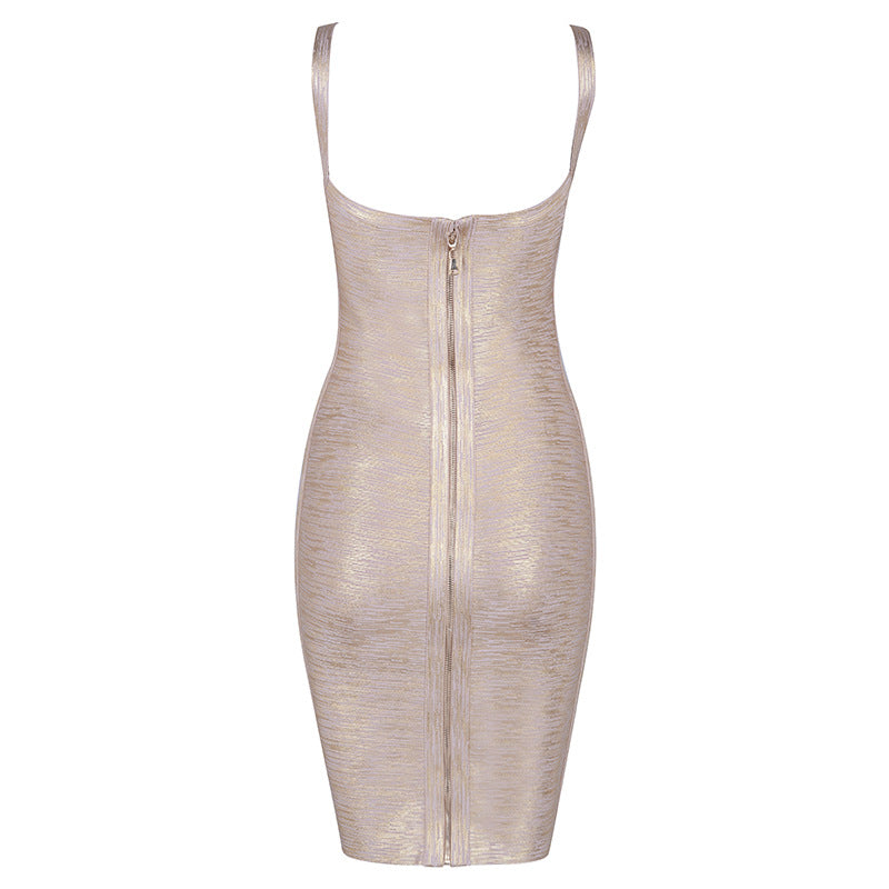 Women's Clothes Bandage One-Piece Dress Gold V Neck Evening