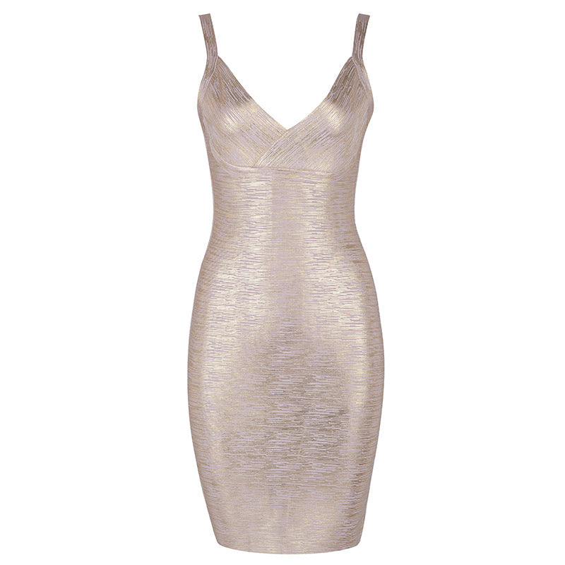 Women's Clothes Bandage One-Piece Dress Gold V Neck Evening