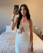 Women's Dress Sexy Floral Stitched Backless Halter Strap Hip