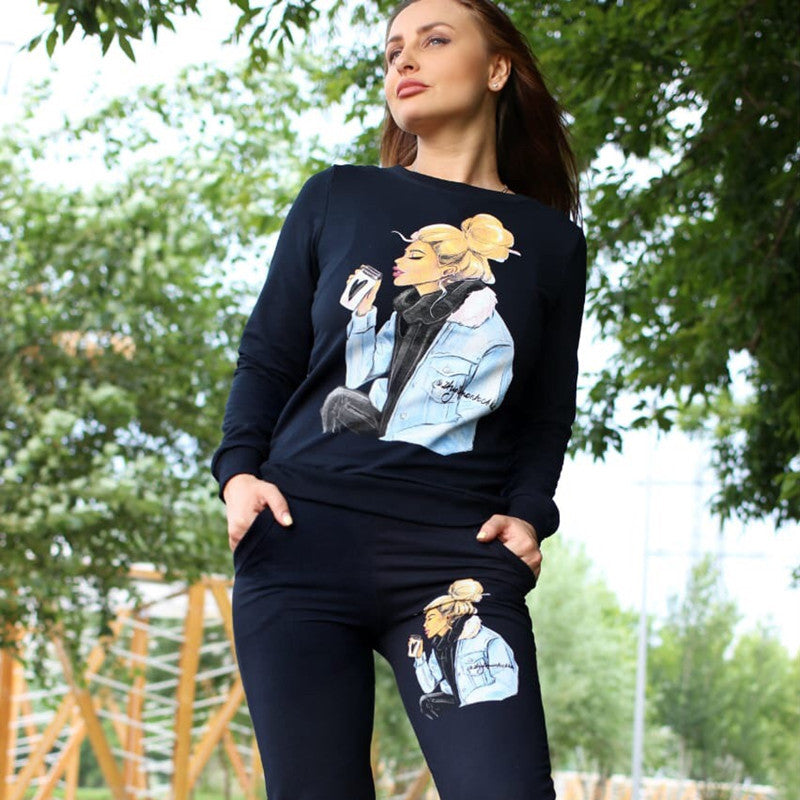 Autumn Winter Top Character Floral Print Long-Sleeve Pullover Set