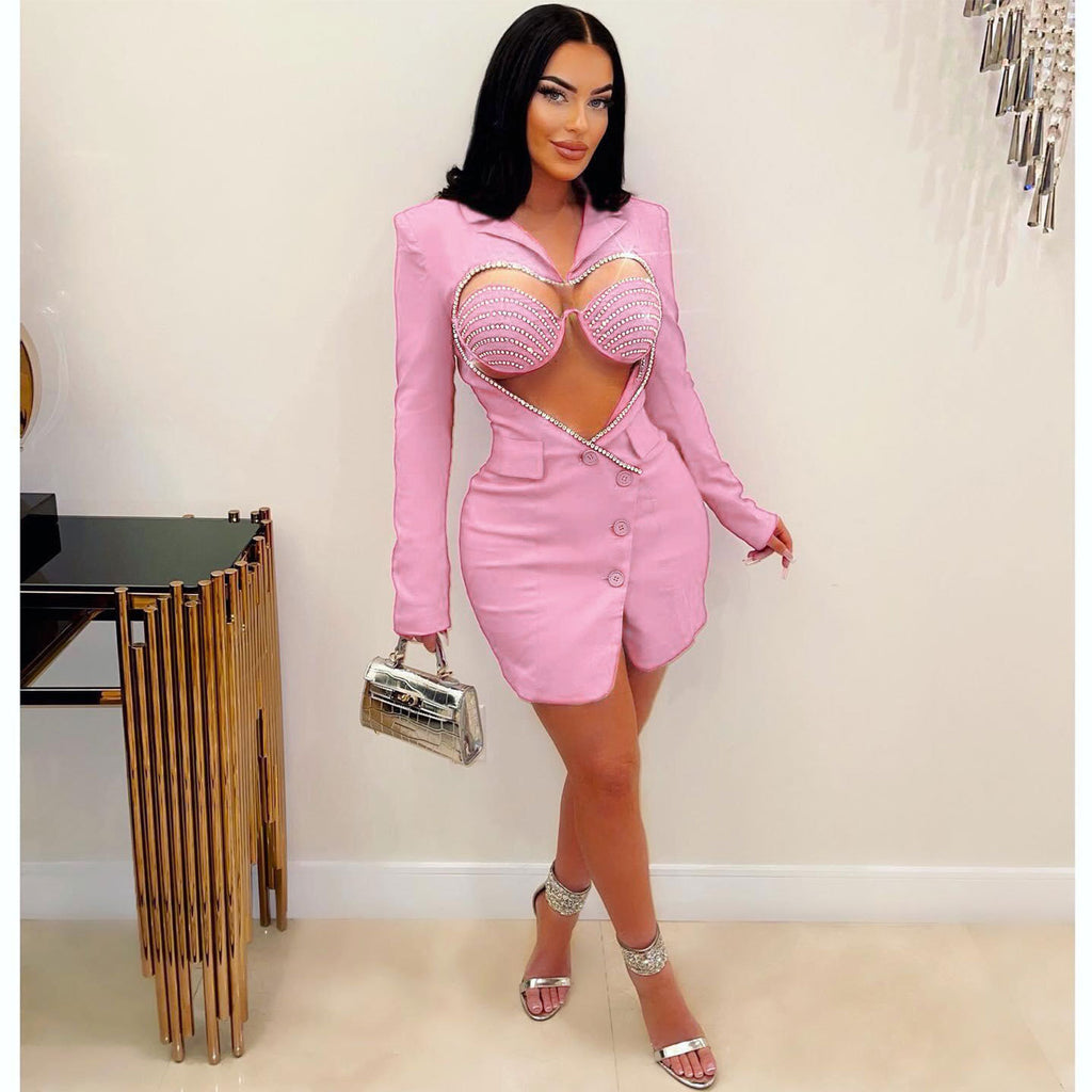 Women's Rhinestone Collared Cutout Blazer Mini Dress