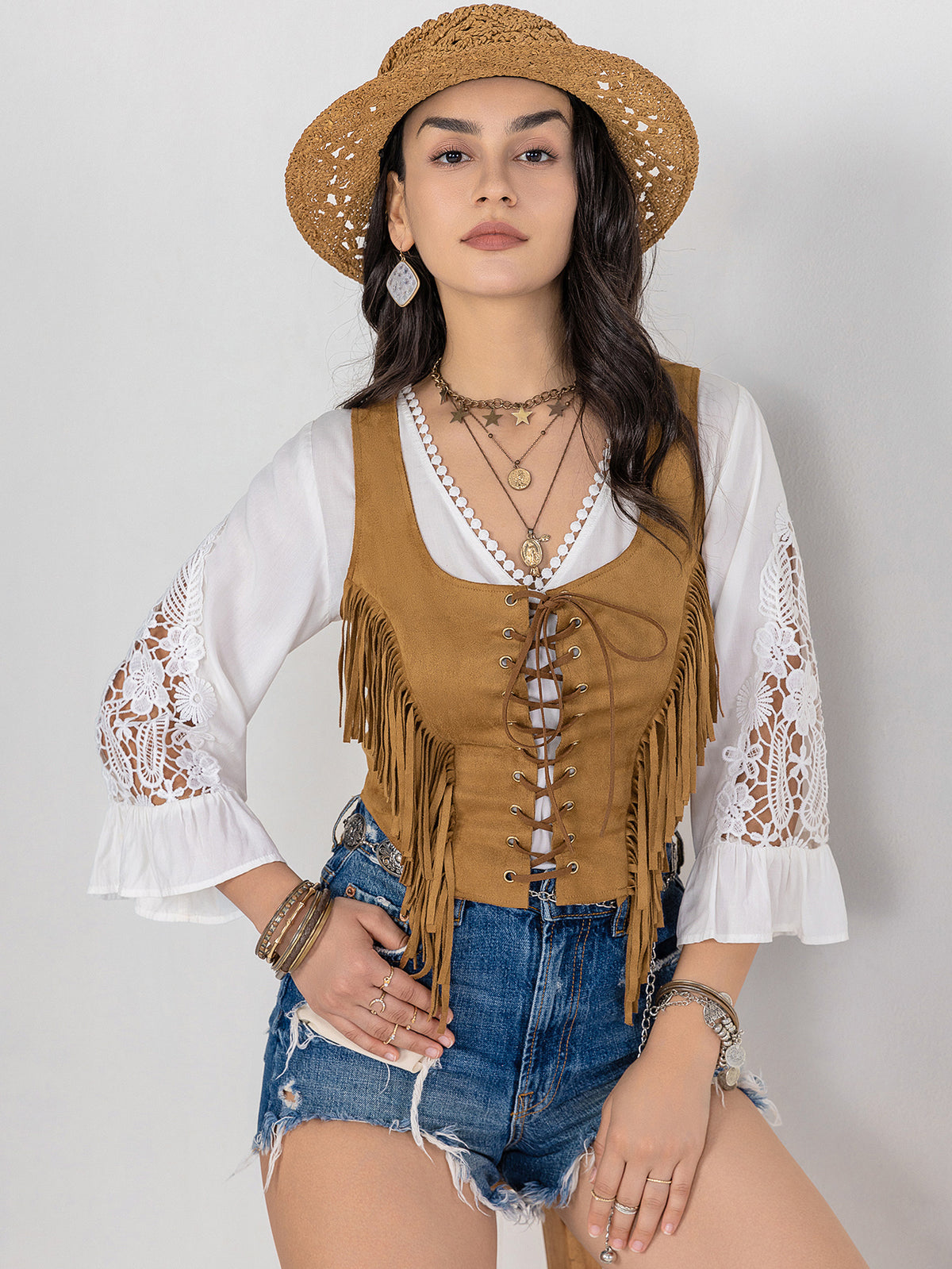 Women’s Brown Tassel Lace Up Tank Top