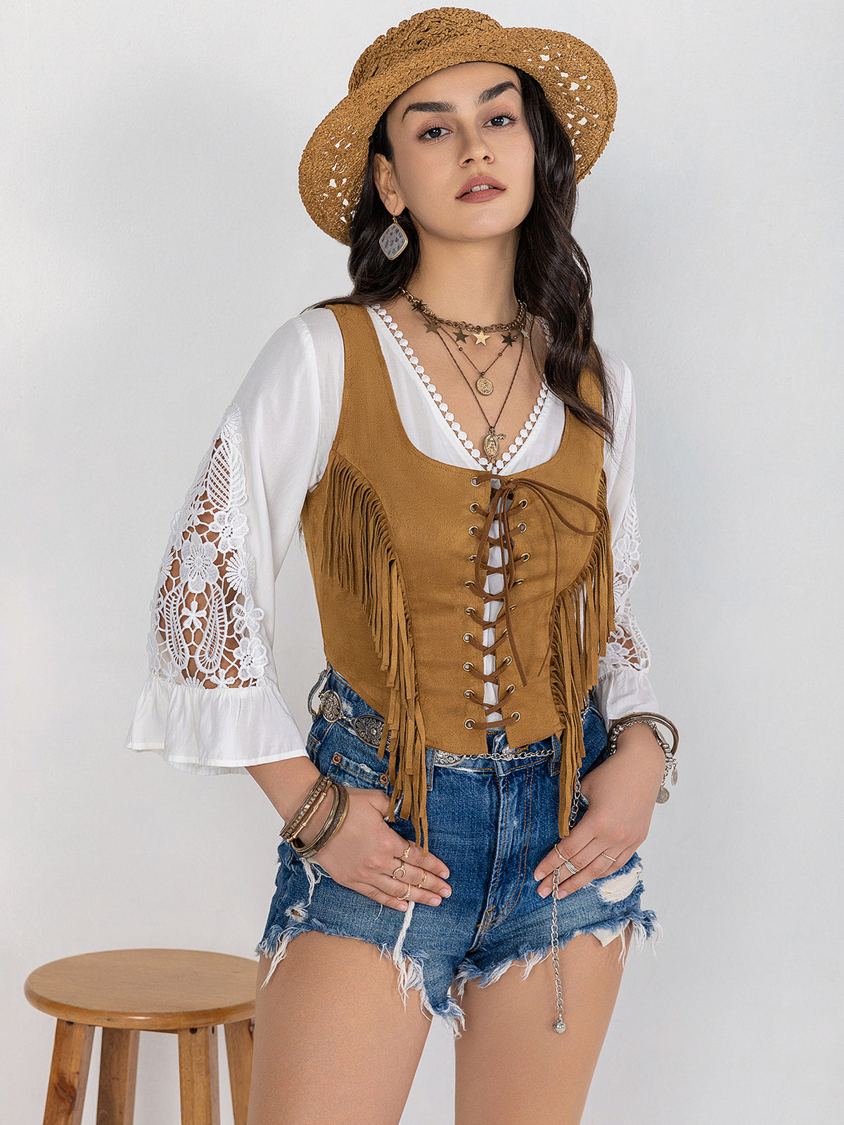 Women’s Brown Tassel Lace Up Tank Top