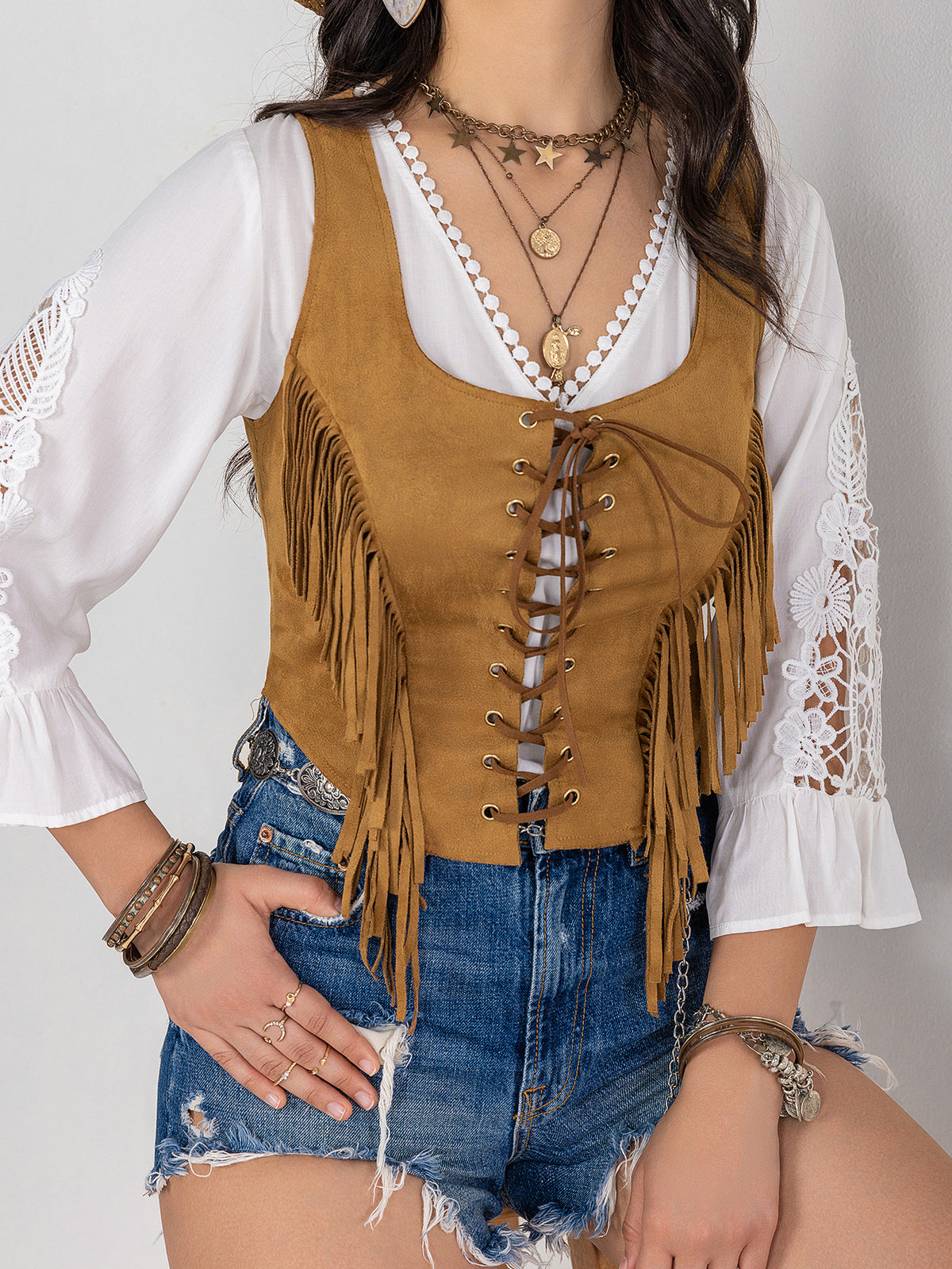 Women’s Brown Tassel Lace Up Tank Top