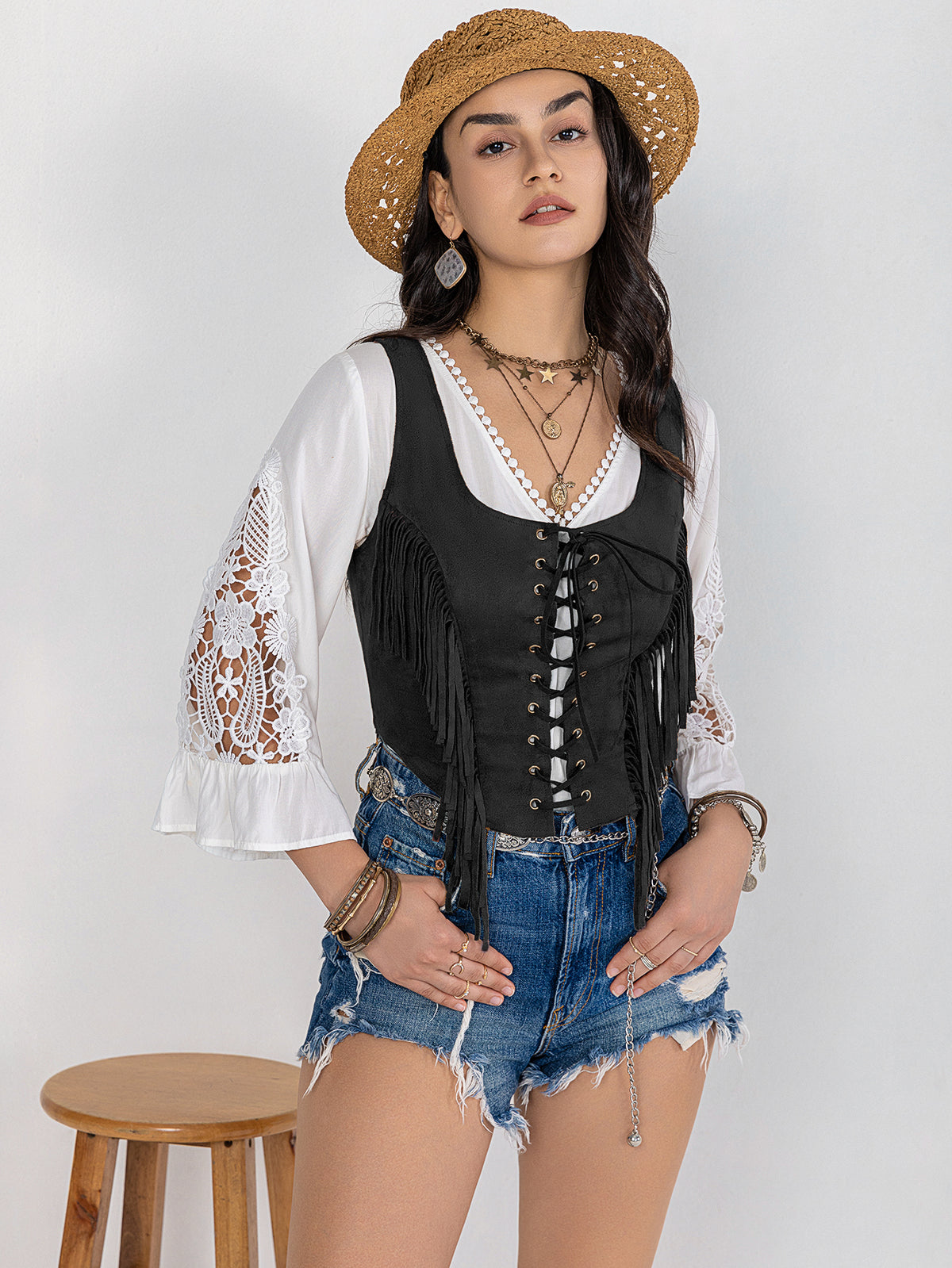 Women’s Brown Tassel Lace Up Tank Top